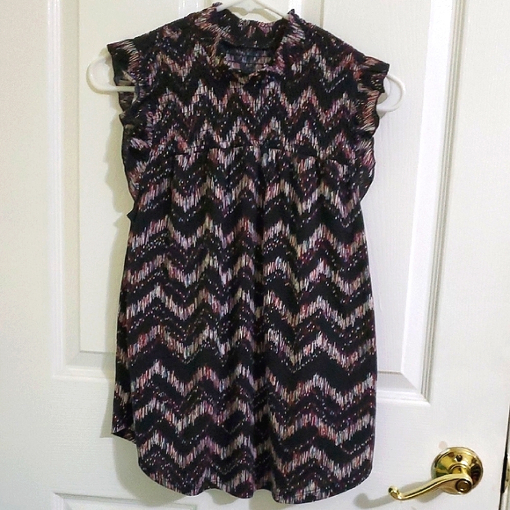 NOBO Black Chevron Patterned Smocking High Neck Flutter Sleeves Flowy Boho Top M